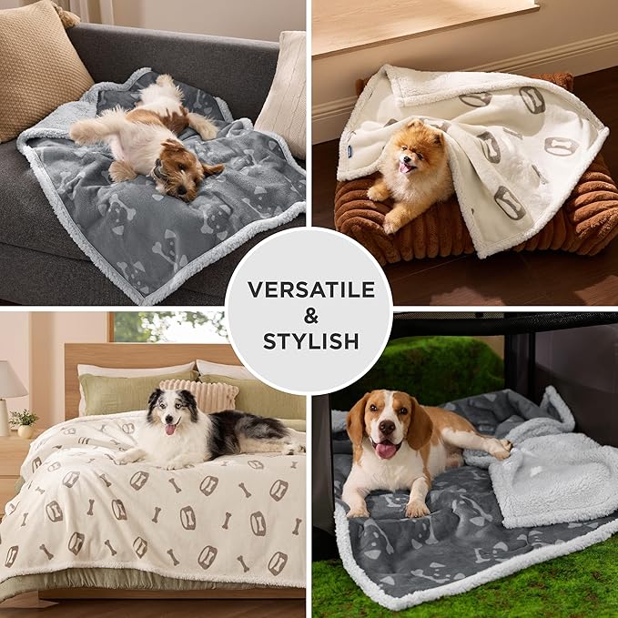 Bedsure Waterproof Dog Blankets for Large Dogs - Soft Print Sherpa Fleece Pet Cat Blanket Washable for Couch Protection, Cozy Plush Reversible Throw Furniture Protector, 40"X50", Beige