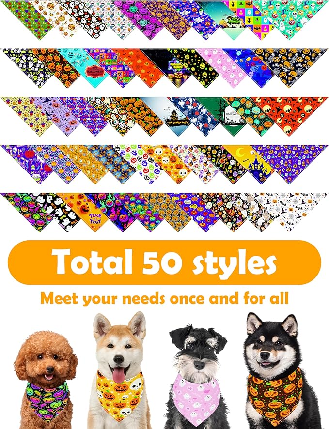 PET SHOW 50 Pack Halloween Small Dog Bandanas Bulk XS Washable Puppy Girl Boy Triangle Bibs Ghost Pumpkin Kerchief Set Cats Scarves Pet Holiday Grooming Accessories