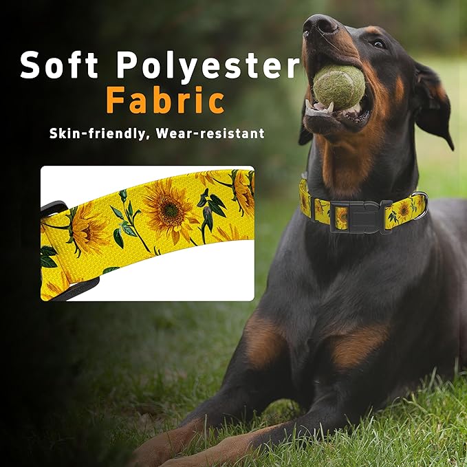 Dog Collar, Floral Boys Girls Puppy Collar for Small Medium Large Dogs, Adjustable Soft Pet Collar with Safety Buckle for Male Females (Yellow Sunflower)