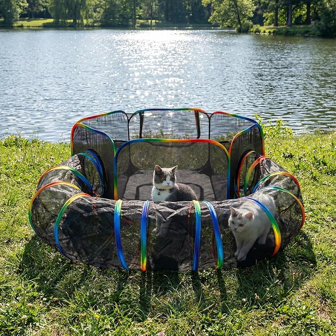 LUCKITTY Portable Cat Enclosure - 2-in-1 Outdoor Catio with Tent & Tunnel, Foldable Playpen for Indoor Cats, Includes Storage Bag for Cats & Small Animals Rainbow Color