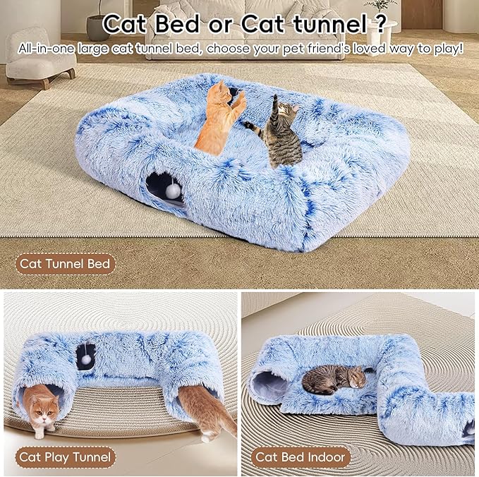 Extra Large Cat Tunnel Bed, 4 Ways Tunnels for Indoor Cats, Multi-cat Family Pet Bed & Cave, Plush Cat Donut with Washable Middle Mat, Exit Balls, Pet Play Toy for Kitten Puppy Rabbit, Blue