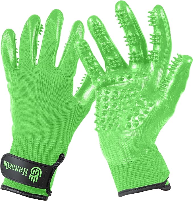 H HANDSON Pet Grooming Gloves - Patented #1 Ranked, Award Winning Shedding, Bathing, & Hair Remover Gloves - Gentle Brush for Cats, Dogs, and Horses (Mono Green, Large)
