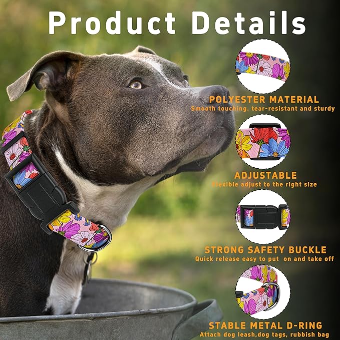 Dog Collar, Pink Floral Boys Girls Puppy Collar for Small Medium Large Dogs, Adjustable Soft Floral Pet Collar with Safety Buckle for Male Females(Pink Floral, M)