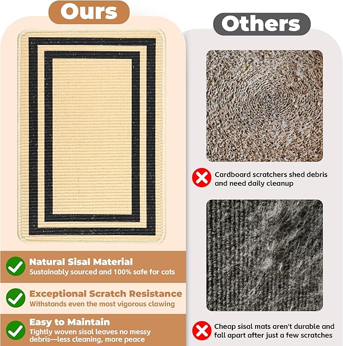 Cat Scratcher Mat, 23.6x15.7 Inch Natural Sisal Cat Scratch Pad, Horizontal Cat Scratching Pad Rug for Indoor Cats with Sticky Tapes, Protect Couch & Carpets（Beige Black）