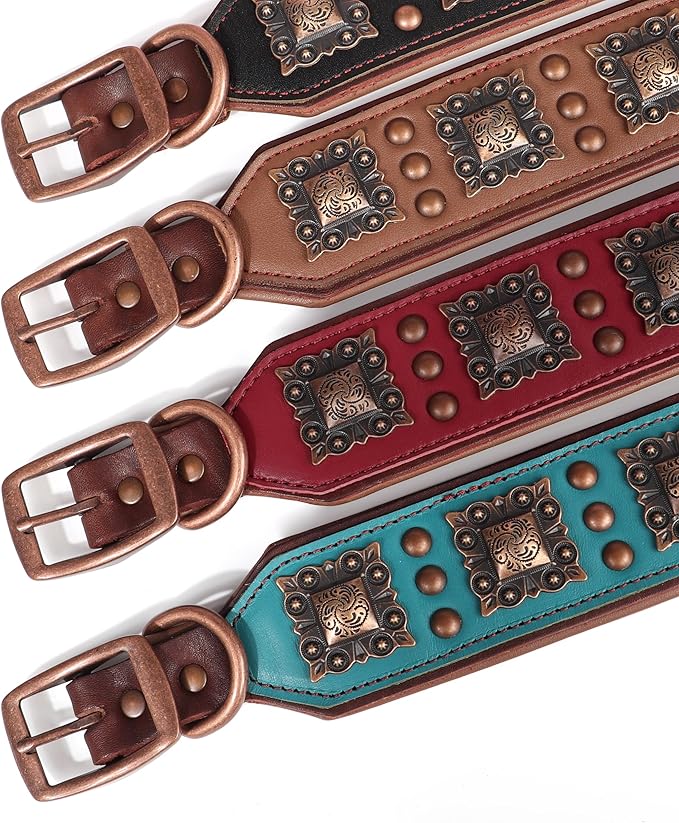 PET ARTIST Soft Padded Leather Dog Collar, 2 inch Wide Genuine Leather Dog Collars with Stylish Studded Rivet & Metal Buckle, Luxury & Adjustable Pet Collars for Medium Dogs,Brown,Neck 16-19"