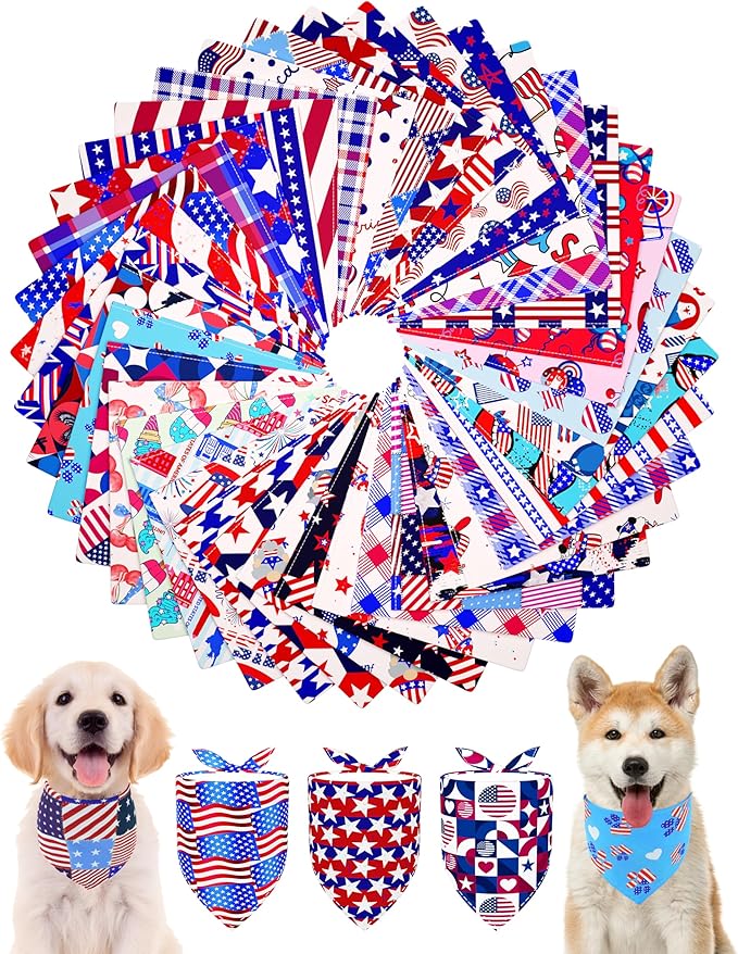 PET SHOW 50 Pack 4th of July Dog Bandanas Bulk Washable American Flag Dog Patriotic Scarves for Small Medium Dogs Puppy Star&Stripe Triangle Bibs Kerchief Set Cats Pet Girl Boy Grooming Accessories