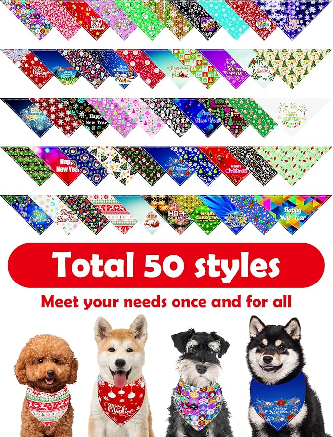PET SHOW 50 Pack Christmas Big Dog Bandanas Bulk XL Washable Happy New Year Triangle Bibs for Medium Large Dogs Girl Boy Xmas Kerchief Set Pet Scarves Holiday Grooming Accessories