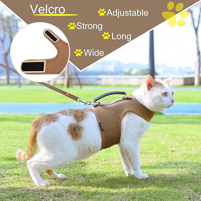 Cat Harness and Leash for Walking Escape Proof Breathable Mesh Fabric, Solid Brown, Large, Adjustable Cat Walking Jackets with Handle, Padded Stylish Cat Vest