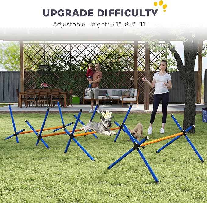 PawHut 4 Pieces Dog Agility Training Equipment, Dog Agility Course Backyard Set with Adjustable Height and Carry Bag, Indoor Outdoor Jumping Hurdles for Training, Orange