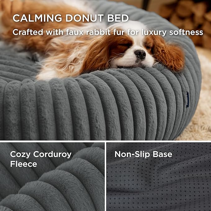 Bedsure ComfyFleece™ Donut Small Dog Bed - Dog Beds for Small Dogs with Corduroy Fleece & Anti Slip Bottom, Round Faux Fur Pet Beds with Washable Removable Cover, Warm Grey, 23x23x7 inches