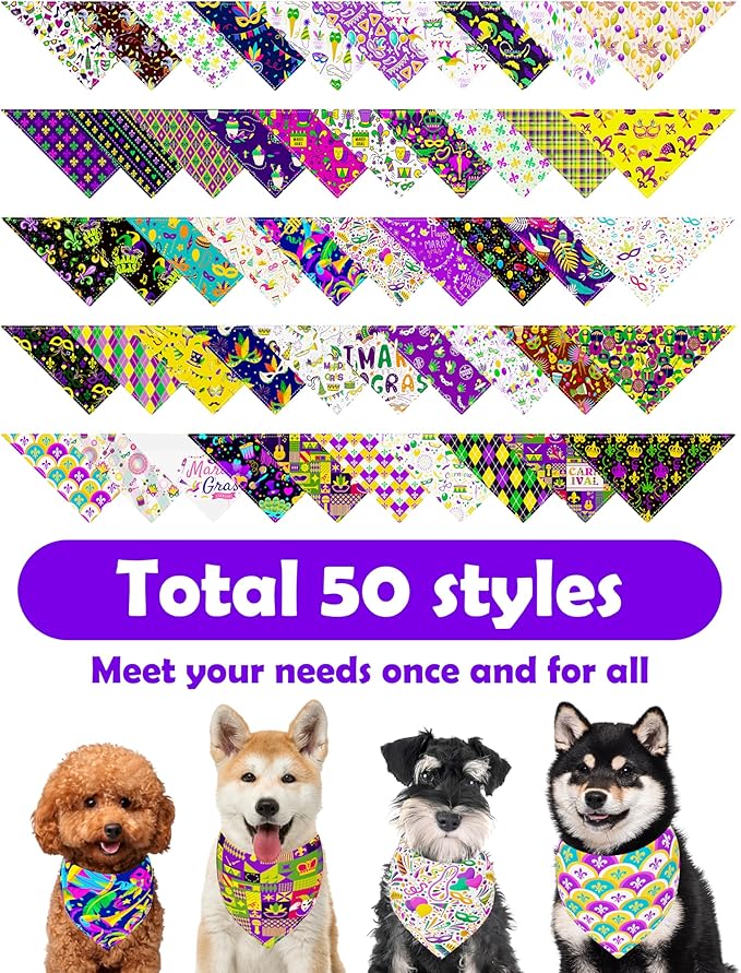PET SHOW 50 Pack Mardi Gras Dog Bandanas Bulk for Small Medium Dogs Puppys Washable Adjustable Pet Scarf Triangle Bibs for Dogs Cats Green Yellow Purple Decorative Grooming Accessories