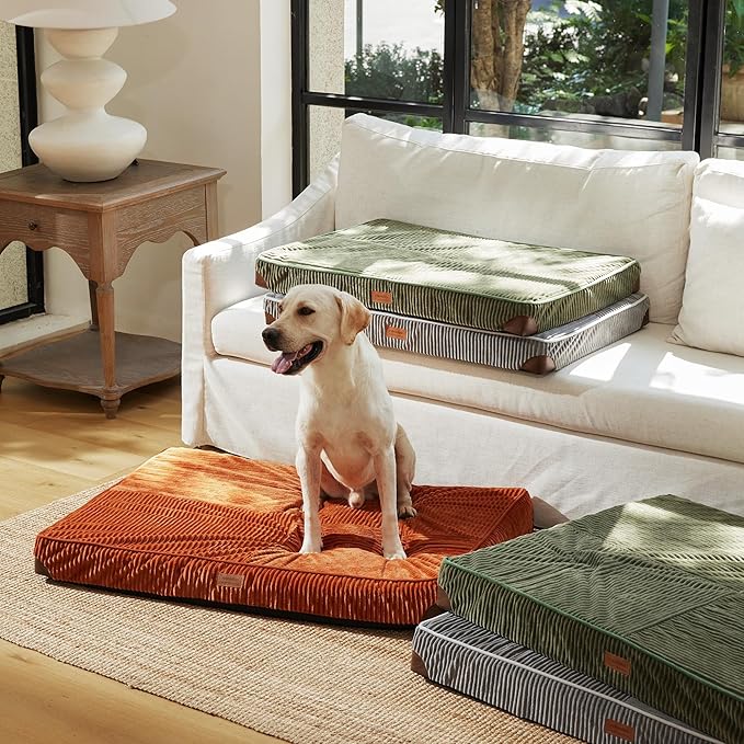FUKUMARU Dog Bed, Thickened Corduroy Orthopedic Dog Beds with Washable Cover, Large Waterproof Dogs Bed for Crate, 28D Egg Crate Foam Support Pet Mat, Cozy Pet Bed Pad with Anti-Slip Bottom, Orange