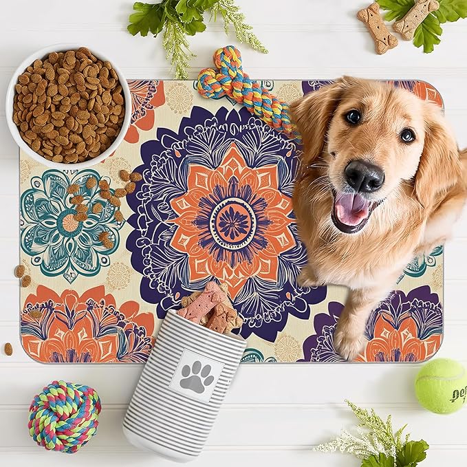 Mandala Flower Dog Cat Food Mat,Vintage Boho Floral Absorbent Pet Feeding Mat with Rubber Backing,Non-Slip Water Bowl Placemat,Indoor Pet Accessories Supplies 16"x24"
