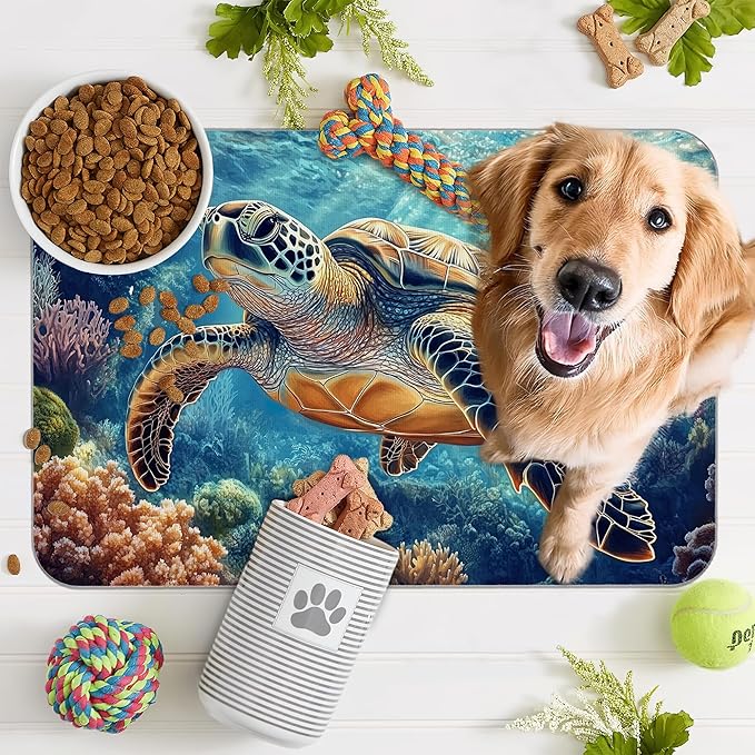 Turtle Dog Cat Food Mat,Coral Fish Absorbent Pet Feeding Mat for Food and Water,Non-Slip Dog Bowl Mats Floor Protector 12"x20"