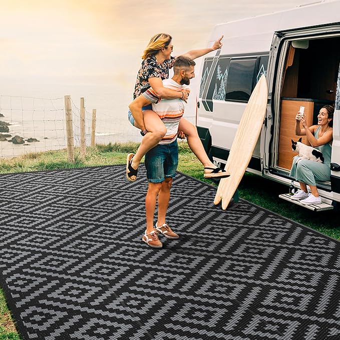 GENIMO Outdoor Rug for Patio Clearance, 8'x16' Waterproof Camping Mat, Reversible Plastic Straw Rugs for RV, Camper, Balcony, Backyard, Picnic, Deck, Black & Gray