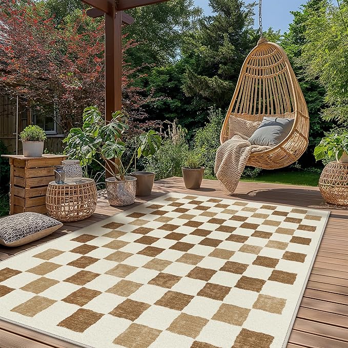 GENIMO Outdoor Rug for Patio Clearance, 8'x10' Reversible Plastic Straw Rugs, Lightweight Waterproof RV Camping Mat for Camper, Balcony, Deck, Backyard, Picnic, BrownBeige