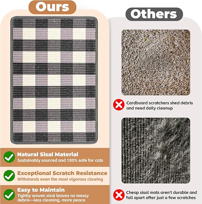 Cat Scratcher Mat, 23.6x15.7 Inch Natural Sisal Cat Scratch Pad, Horizontal Cat Scratching Pad Rug for Indoor Cats with Sticky Tapes, Protect Couch & Carpets（Black White）