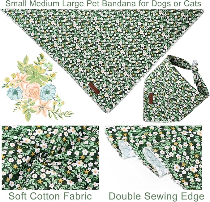 Summer Dog Bandana,Cute Pet Bandana with Flower Pattern,Adjustable Green Puppy Dog Bibs,Washable Triangle Dog Scarf for Boy,Girl Dogs or Cats…