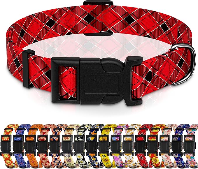 Christmas Dog Collar, Classical Puppy Collar for Small Medium Large Dogs, Adjustable Soft Plaid Pet Collar with Safety Buckle for Male Females (Red Plaid, L)