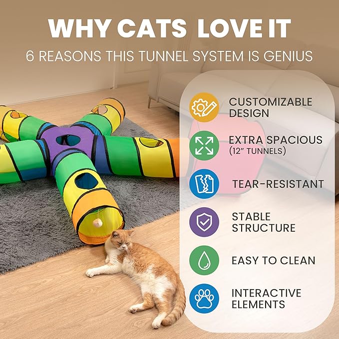 Genius Cat Tunnels for Indoor Cats - Large Customizable 5-Way Tunnel Tube System with Hanging Toys, Storage Bag, Tear-Resistant & Collapsible Play Center for Kittens, Small Dogs, & Rabbits