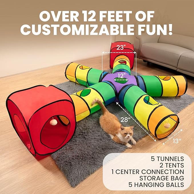Genius Cat Tunnels for Indoor Cats - Large Customizable 5-Way Tunnel Tube System with Hanging Toys, Storage Bag, Tear-Resistant & Collapsible Play Center for Kittens, Small Dogs, & Rabbits