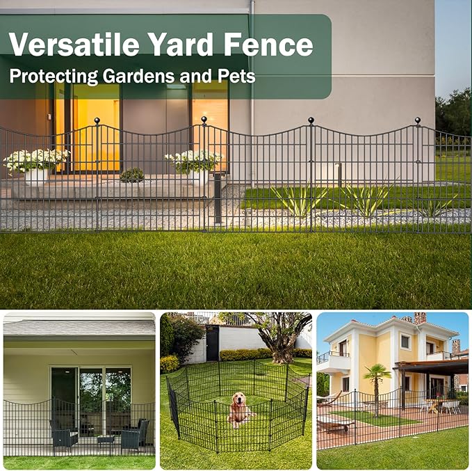 10 Panels Decorative Garden Fence with Gate, 32 in(H) X 23.6 ft(L) No Dig Dog Fence Animal Barrier Outdoor for Yard, Rustproof Metal Garden Edging and Borders, Temporary Fencing Stakes