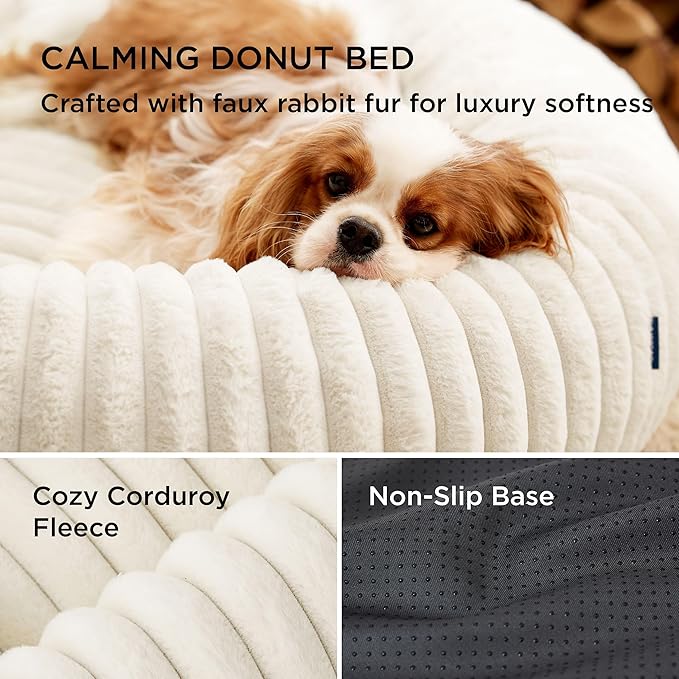 Bedsure ComfyFleece™ Donut Small Dog Bed - Dog Beds for Small Dogs with Corduroy Fleece & Anti Slip Bottom, Round Faux Fur Pet Beds with Washable Removable Cover, Cream, 23x23x7 inches