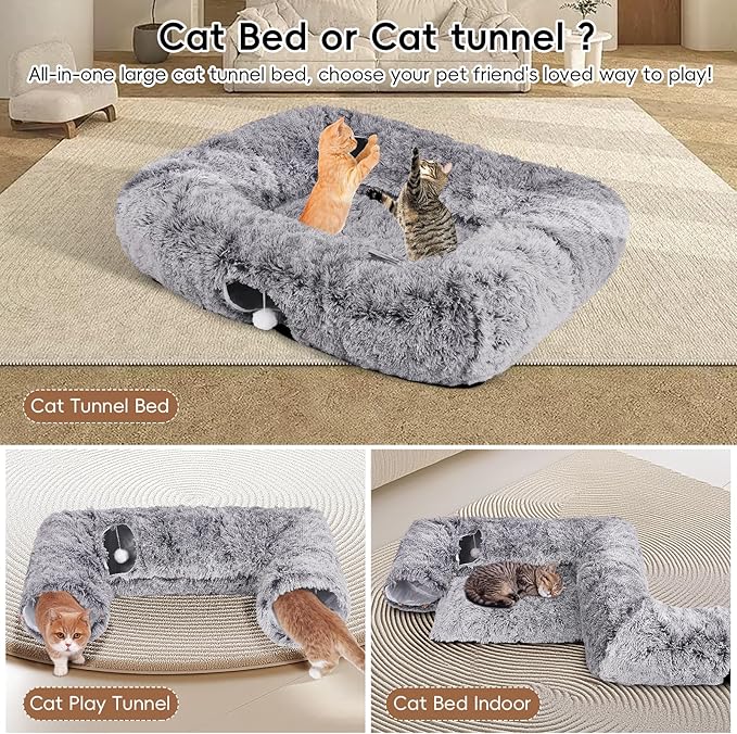 Extra Large Cat Tunnel Bed, 4 Ways Tunnels for Indoor Cats, Multi-cat Family Pet Bed & Cave, Plush Cat Donut with Washable Middle Mat, Exit Balls, Pet Play Toy for Kitten Puppy Rabbit, Dark Grey