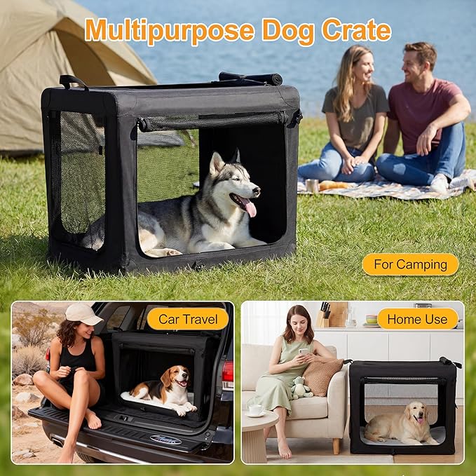 Dog Travel Crate 30 Inch, Portable Soft-Sided Travel Carriers for Dogs and Cats, Foldable Pet Kennel with 3-Doors Mesh Windows Indoor & Outdoor, Black