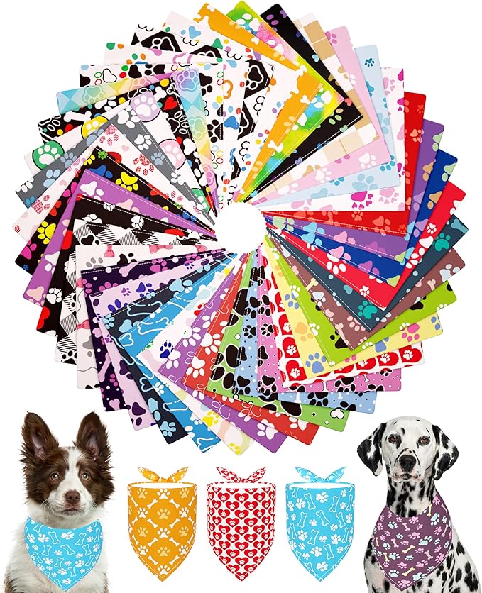 PET SHOW 50 Pack Paw Pattern Big Dog Bandanas Bulk XL Washable Triangle Bibs for Medium Large Dogs Girl Boy Kerchief Set Pet Scarves Grooming Accessories