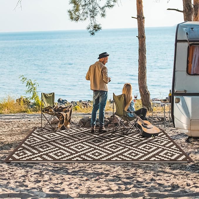 GENIMO 5x8 Outdoor Rug Waterproof, Reversible Mats, Outdoor Area Rug, Plastic Outside Carpet, Geometric Rv Mat for Patio Camping Rv Picnic Backyard Deck Balcony Porch Beach Trailer (Coffee&Beige)