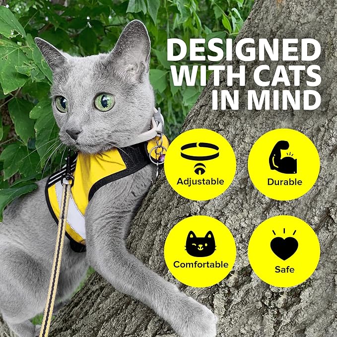 Kitty Holster Reflective Cat Harness – High-Visibility Cat Harness for Travel, Day and Night Walking - Soft Cotton Cat Accessories, Breathable, Secure & Washable, Made in USA - Sunshine Yellow, M to L