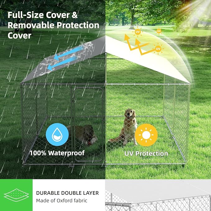 10x10 FT Outdoor Dog Kennel Outside with Metal Large Dog Gate, Outdoor Dog Pens with Roof, Heavy Duty Dog Kennel for Backyard Farm Use (124x124x87IN)
