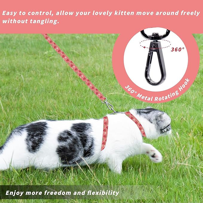 Cat Harness and Leash Set, Adjustable Kitten Harness Escape Proof Cats Harness, Soft Lightweight Walking Travel Pet Harness, Cute Kitty Harness Leash Set for Small Medium Cats, Pink Strawberry