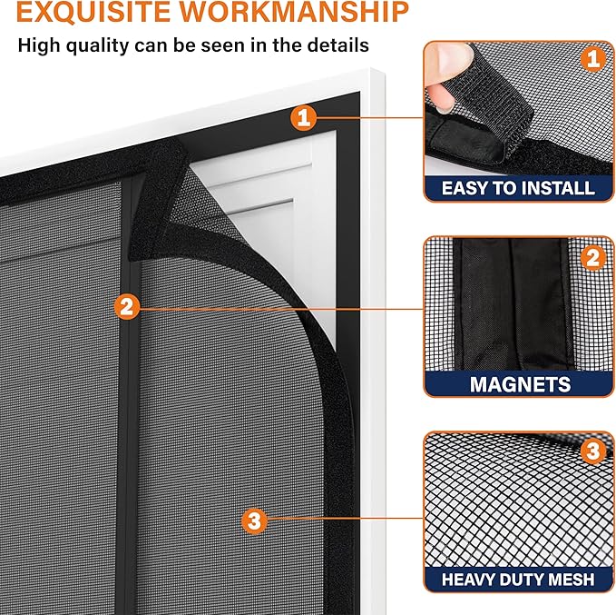 Double Door Fiberglass Magnetic Screen Door，Screen Door Mesh，Keep Bugs Out, Heavy-Duty Mesh Curtain,Pet and Kid Friendly, Works with Front Doors, Sliding Doors（72x96 Inch