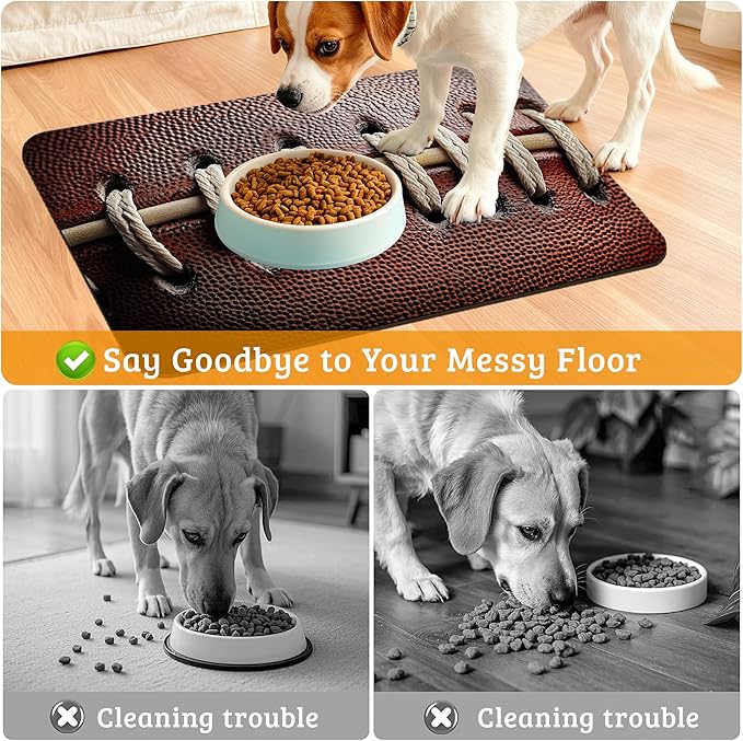 Football Texture Feeding Mat,Laces Stripes Absorbent Quick-Dry Cat Dog Food and Water Bowl Mats,Non-Slip Rubber Backing Mat,Cat Dog Accessories Supplies 16" x 24"