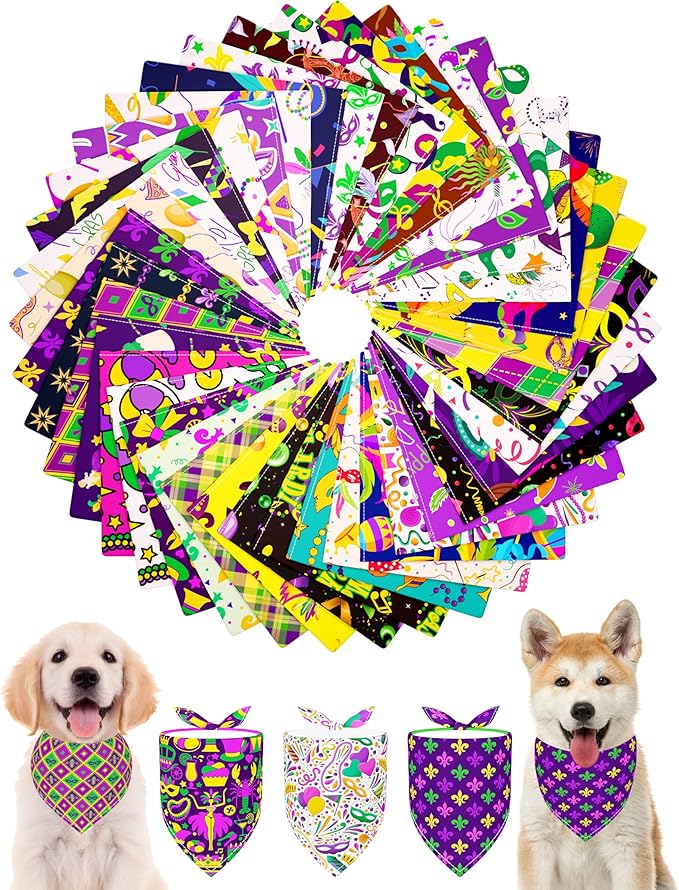 PET SHOW 50 Pack Mardi Gras Dog Bandanas Bulk for Small Medium Dogs Puppys Washable Adjustable Pet Scarf Triangle Bibs for Dogs Cats Green Yellow Purple Decorative Grooming Accessories