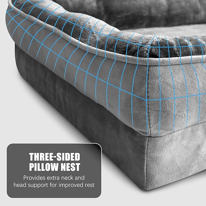Orthopedic Dog Bed with Sides - Dog Sofa Beds for Extra Large Dogs, Supportive Foam Pet Couch Bed with Washable Removable Cover, Waterproof Lining and Non-Slip Bottom, Grey - XL-Plus