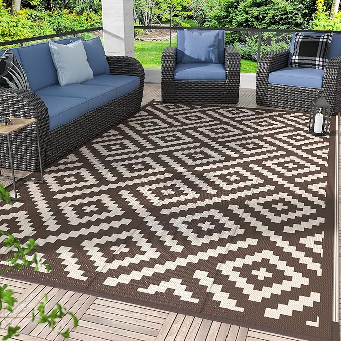 GENIMO Outdoor Rug for Patio Clearance, 8'x10' Waterproof Camping Mat, Reversible Plastic Straw Rugs for RV, Camper, Balcony, Backyard, Picnic, Deck (Coffee & Beige)