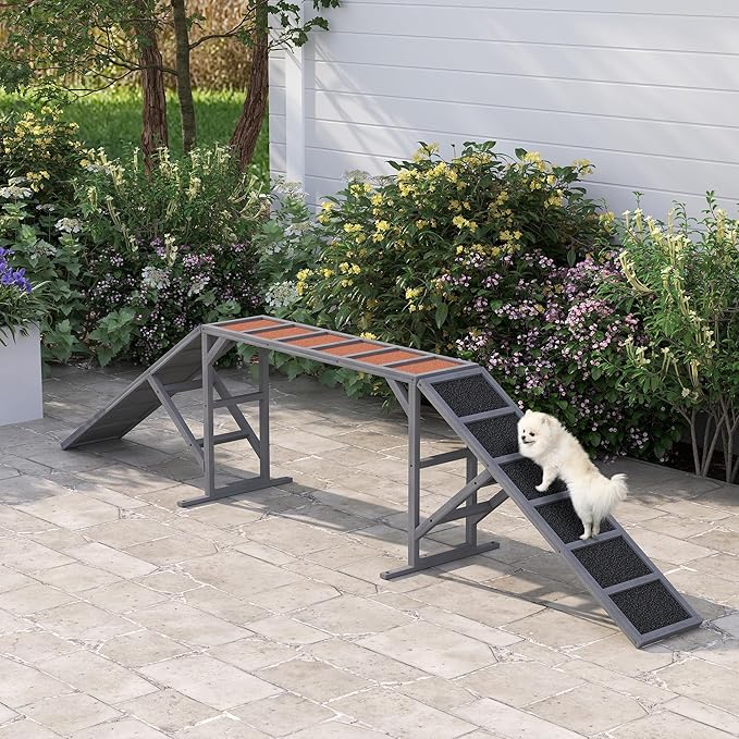PawHut Wooden Dog Agility Equipment with Safety Bar, Non-Slip Surface, Dog Playground Ramp, Pet Obstacle Course for Backyard, Park, Walk and Pause Training, Gray