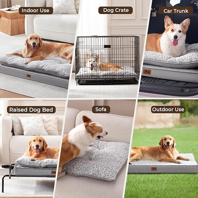 2-Pack XL Waterproof Dog Bed Large Size Dogs, Plush Cushion & Orthopedic Egg-Crate Foam Mattress for Senior Dogs, Washable Dog Crate Bed with Removable Cover, Light Grey