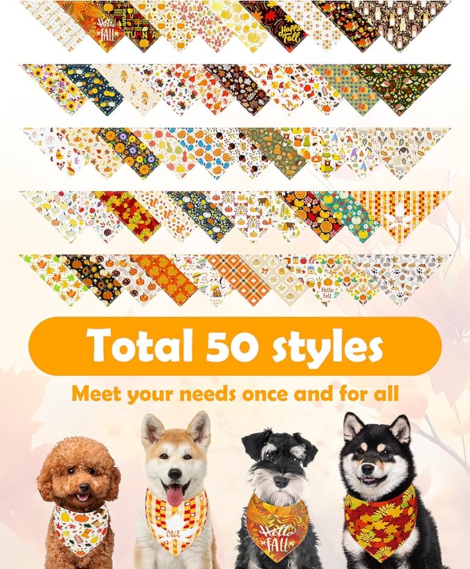 PET SHOW 50 Pack Fall Dog Bandanas Bulk Washable Thanksgiving Autumn Maple Leaves Scarves Puppy Pumpkin Triangle Bibs Kerchief Set Cats Girl Boy Grooming Accessories