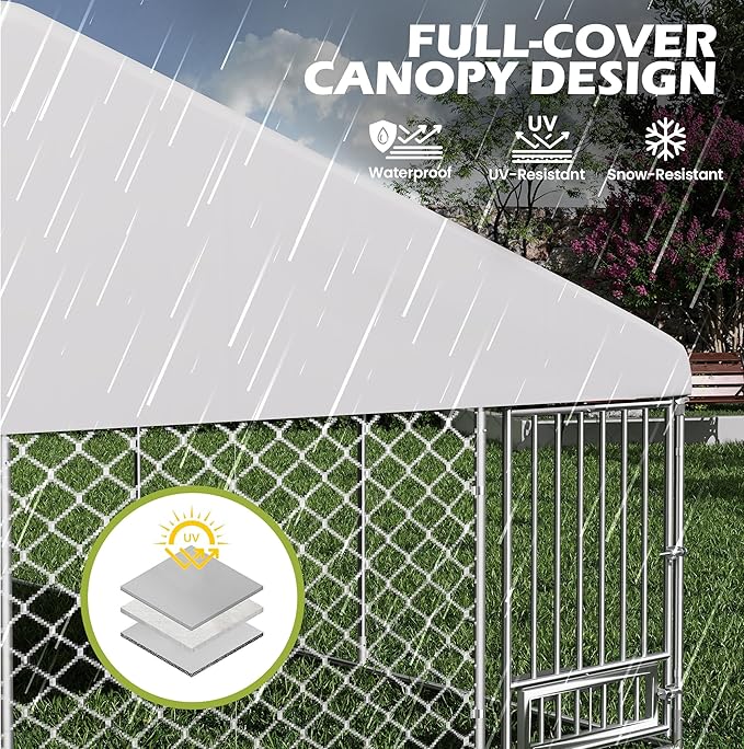 13FT x 13FT Outdoor Dog Kennel with Roof, Outside Dog Run Fence with Rotated Dog Bowls, Large Dog House Pen Enclosure with Secure Lock&Textilene Door