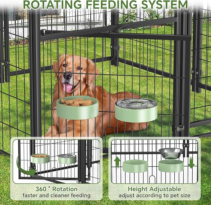 Mr IRONSTONE Outdoor Dog Kennel Heavy Duty Metal Dog Enclosure with Roof, Rotating Food & Water Feeder, Waterproof Covered Large Dog Run for Backyard, Secure Lock Design (4'L x 4'W x 4.4'H)