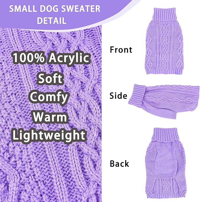 Dog Sweaters Small Dog Clothes Winter Turtleneck Puppy Sweater Warm Pet Cat Sweater Doggy Pullover Outfit with Twisted Design XS~XL(Purple, X-Large)