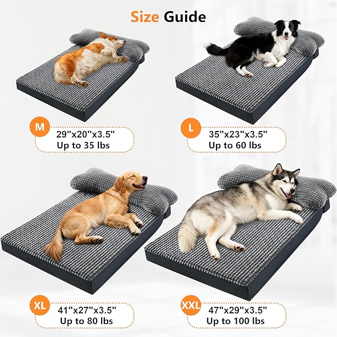 KISYYO Orthopedic Dog Beds for Extra Large Dogs with Removable Washable Cover and Removable Pillow for Crate,Waterproof Extra Large Dogs Mat, Grey, 29x20