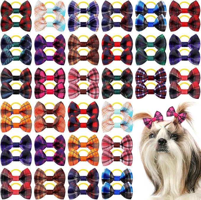 60 Pcs Cute Puppy Dog Hair Bows Small Bowknot Hair Bows with Rubber Bands Handmade Knot Accessories Pet Grooming Products for Holiday Birthday Gift(Plaid)