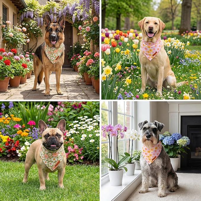 ADOGGYGO Floral Dog Bandanas 2 Pack, Daisy Flower Puppy Scarf, Premium Fabric, Adjustable Fit Spring Summer Floral Bandanas for Small Dogs (Small)
