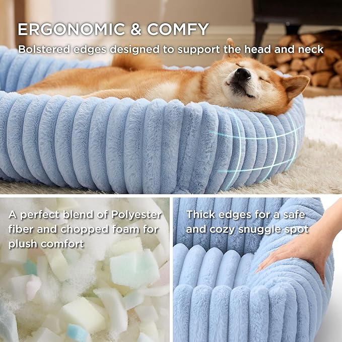 Bedsure ComfyFleece™ Washable Dog Bed for Large Dogs - Cute Furry Puppy Beds, Rectangle Orthopedic Corduroy Fleece Pet Beds with Removable Zipper Cover, 36x27x8inches, Blue