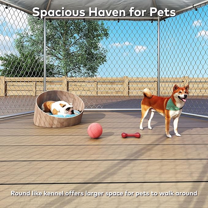 9.1x9.1 FT Outdoor Dog Kennel Heavy Duty Dog Enclosure with Waterproof Cover and Security Lock, Galvanized Wire Mesh Hexagonal Large Dog Kennel(109.4x109.4x95.3IN)